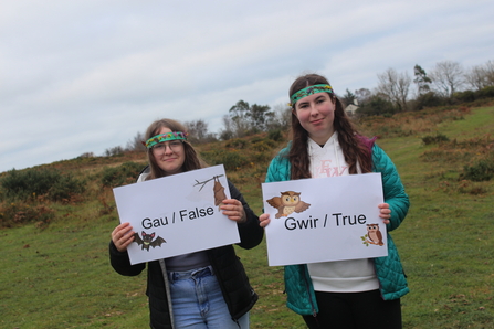  Two young people wearing colorful nature-themed headbands are holding signs for a "True or False" activity outdoors. The person on the left holds a sign reading "Gau / False" with a cartoon bat illustration, and the person on the right holds a sign reading "Gwir / True" with a cartoon owl. They are standing in a grassy field with bushes and trees in the background under an overcast sky, suggesting a nature-themed educational or recreational event.